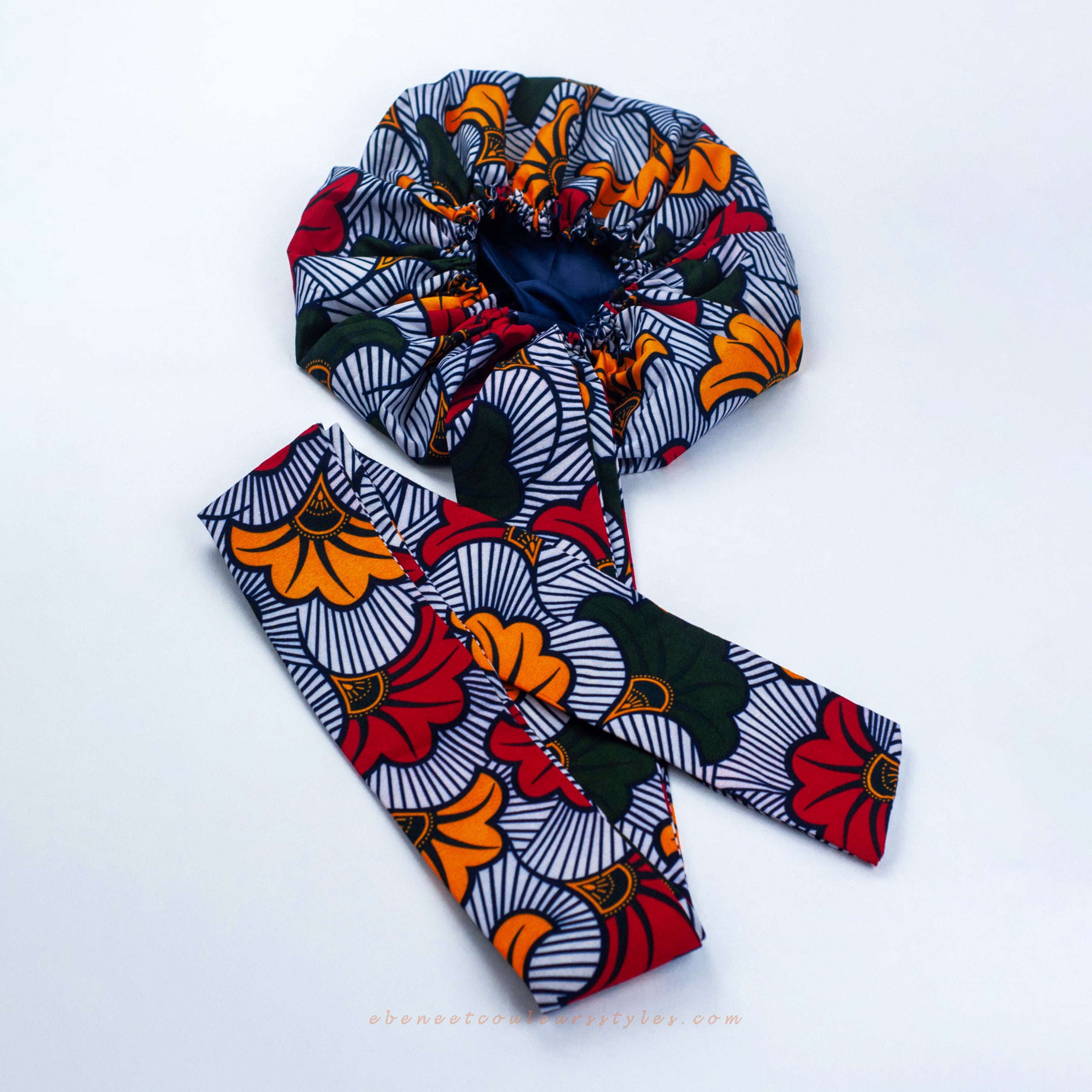 Foulard-bonnet wax/satin Fleurs de mariage