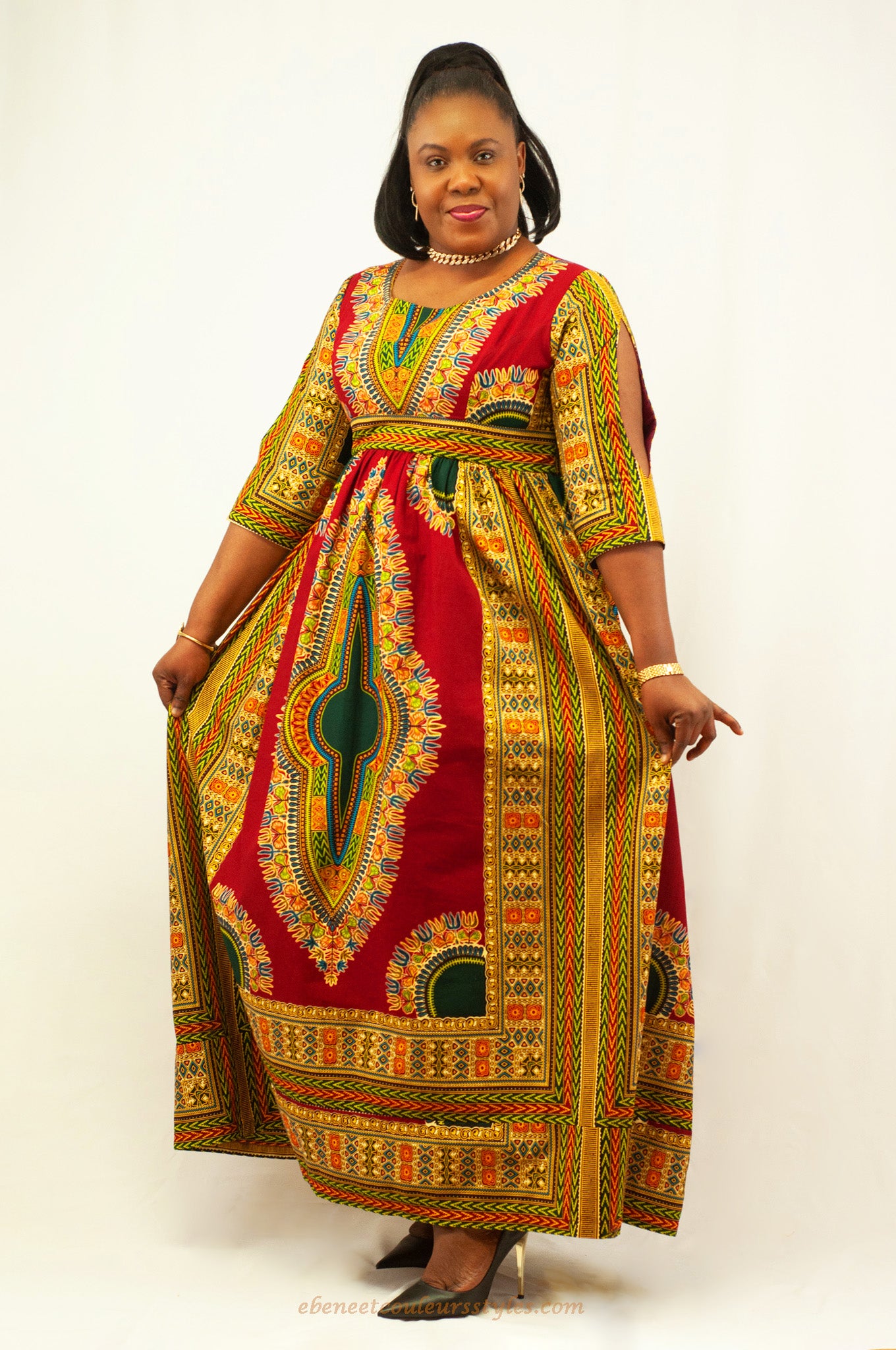 Ébène et couleurs styles-robe longue Addis Abeba rouge vert doré
