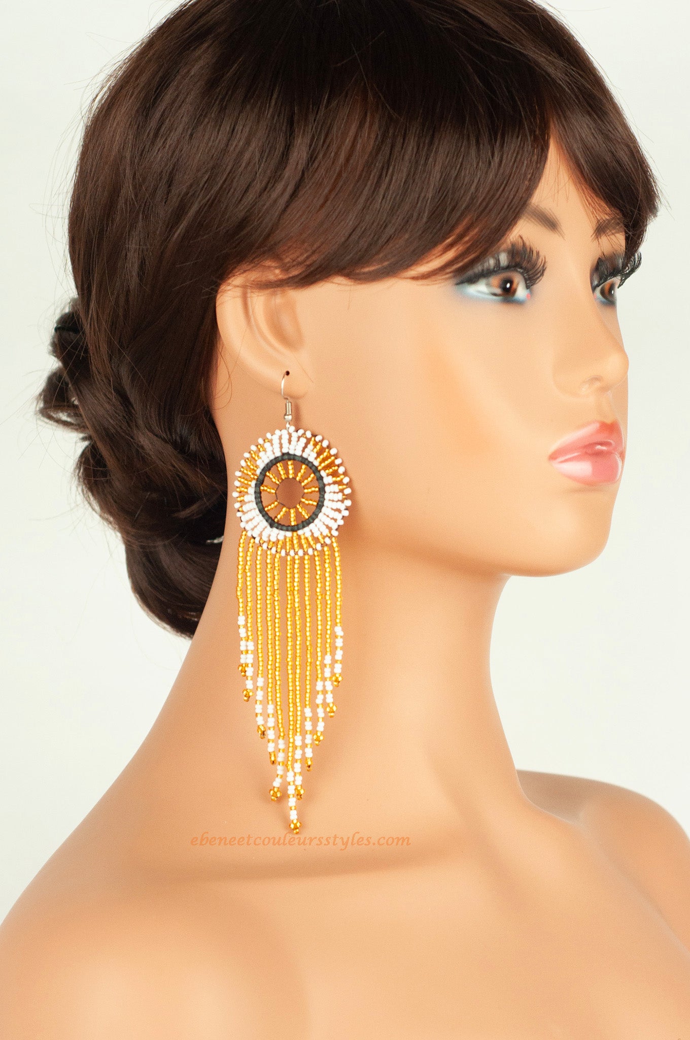 Ébène et couleurs styles-boucles d'oreilles frange doré et blanc