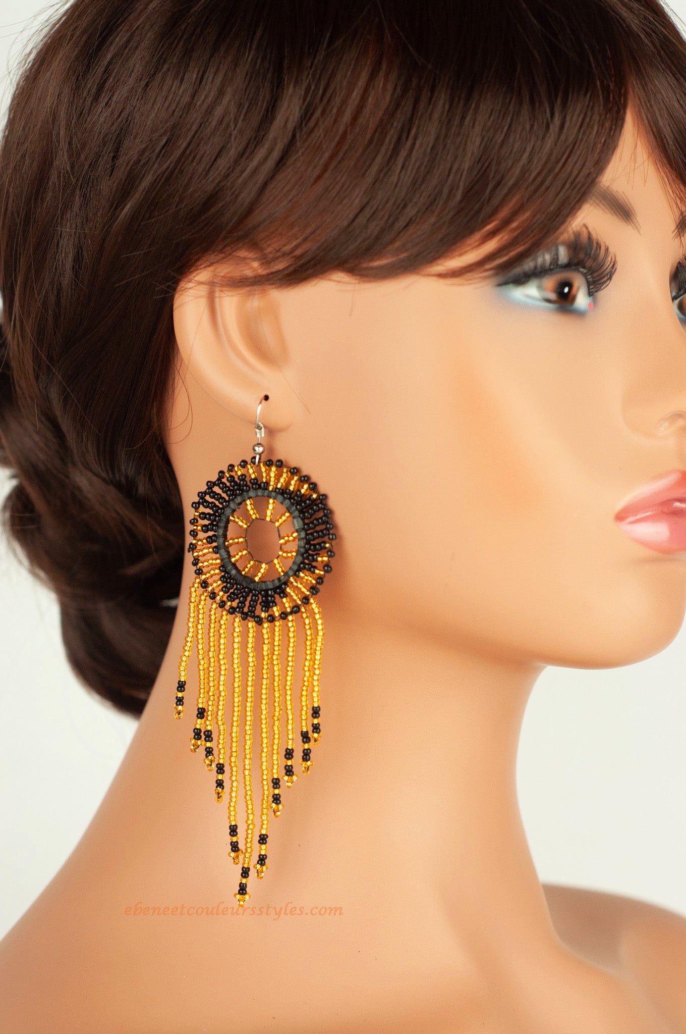 Ébène et couleurs styles-boucles d'oreilles frange doré et noir