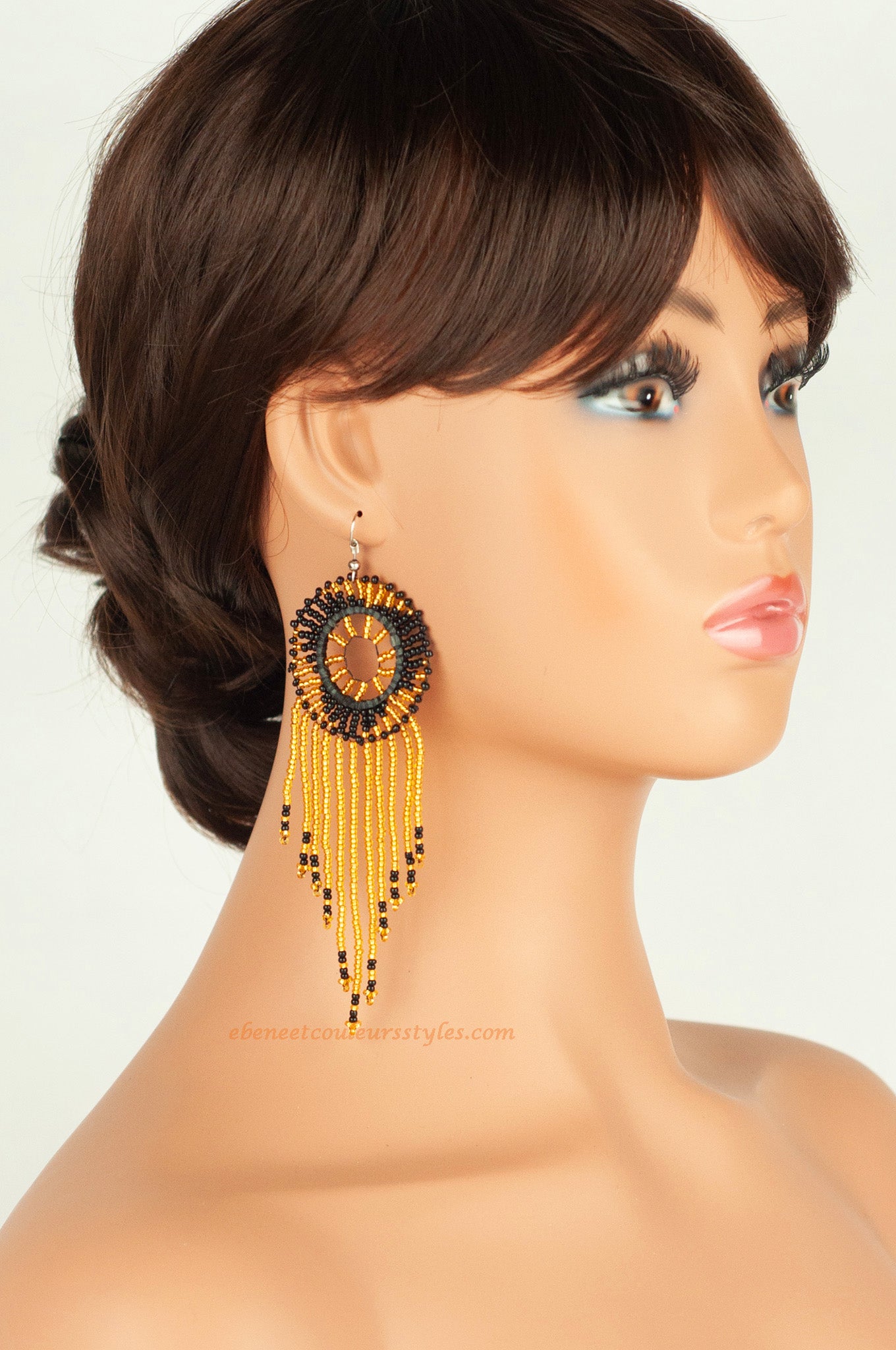 Ébène et couleurs styles-boucles d'oreilles frange doré et noir