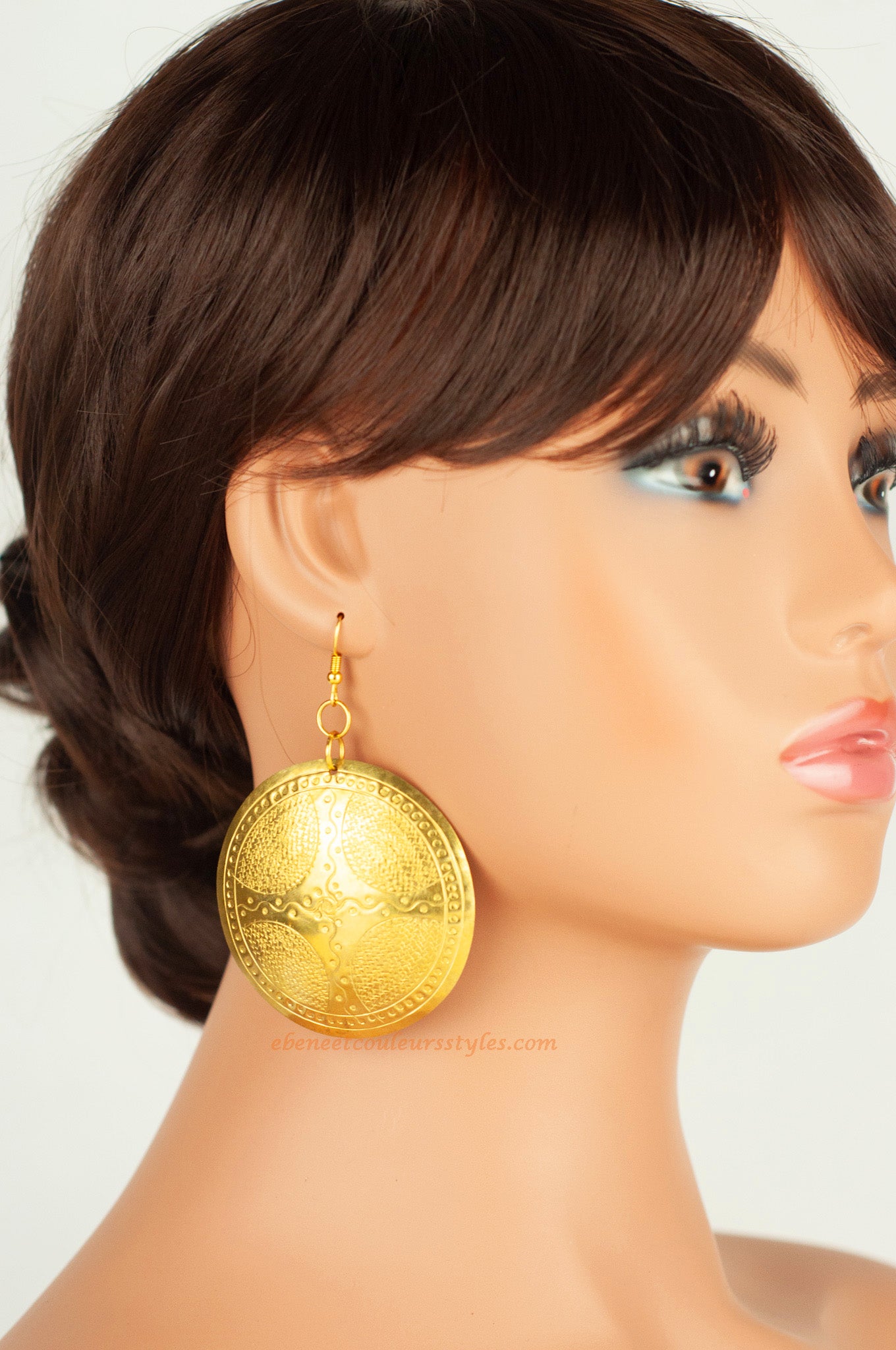 Ébène et couleurs styles-boucles d'oreilles laiton doré texturé