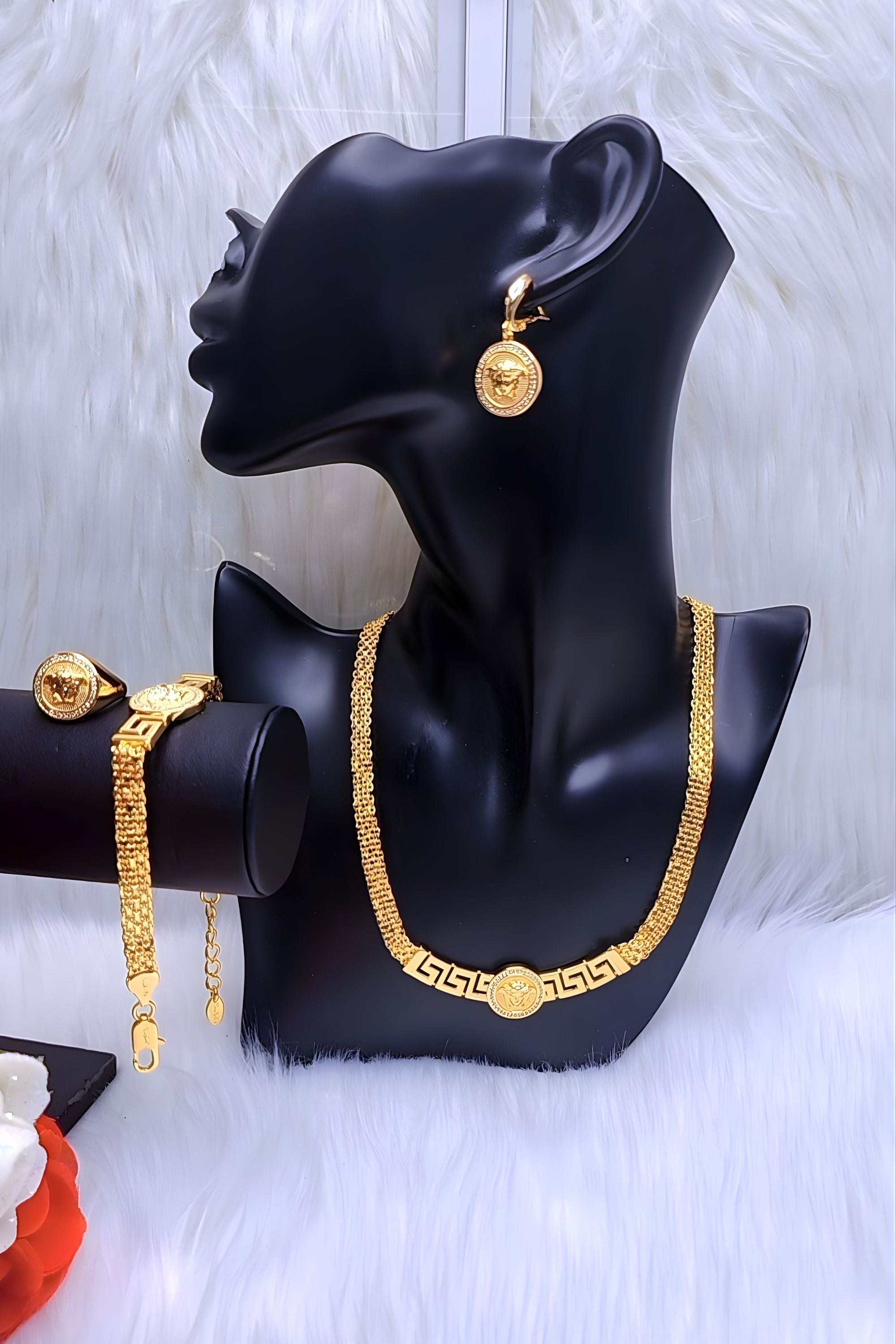 Parure de bijoux dorée femme – Collier-boucles-bague et bracelet élégants au style grec intemporel