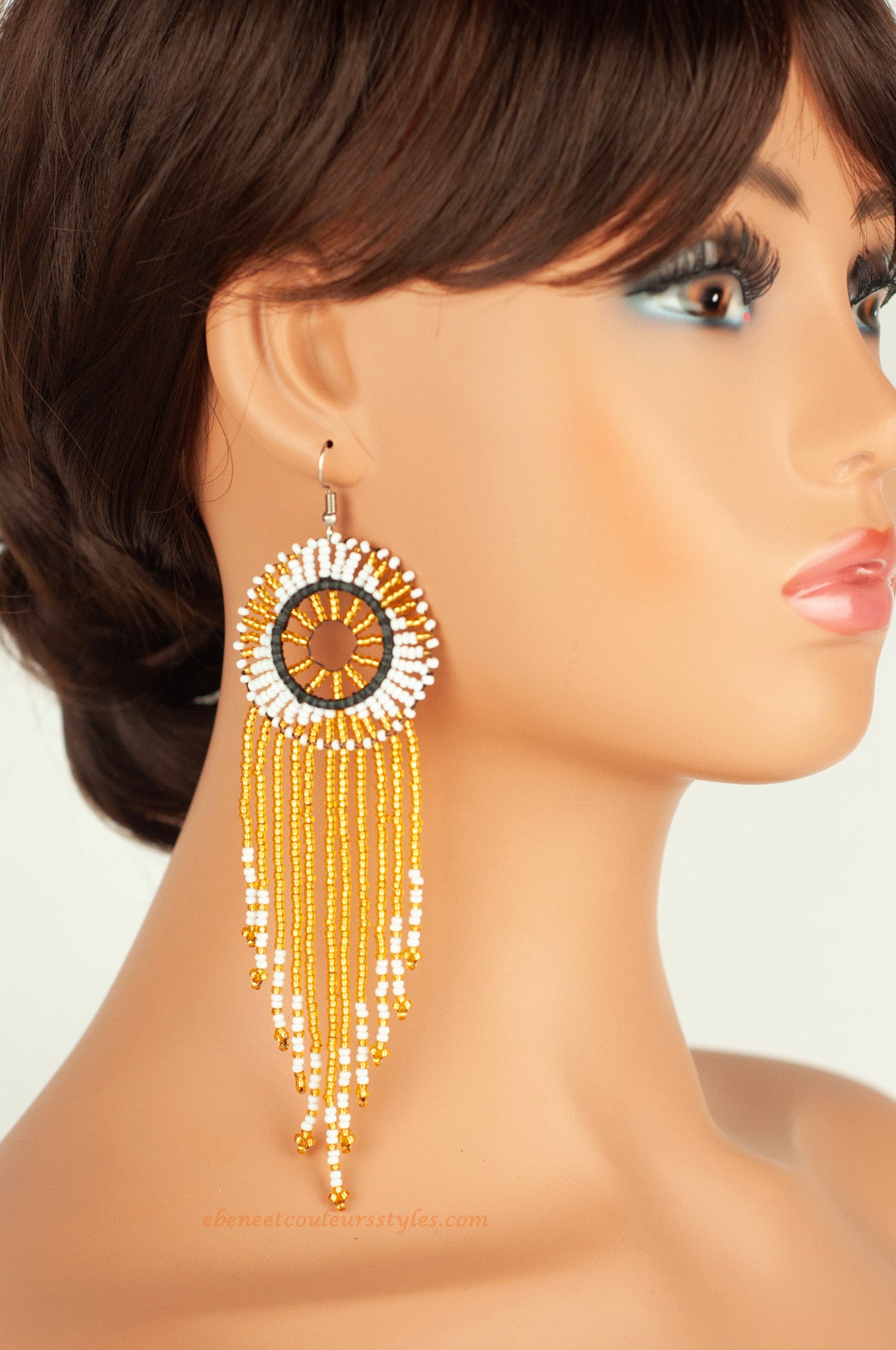 Ébène et couleurs styles-boucles d'oreilles frange doré et blanc 