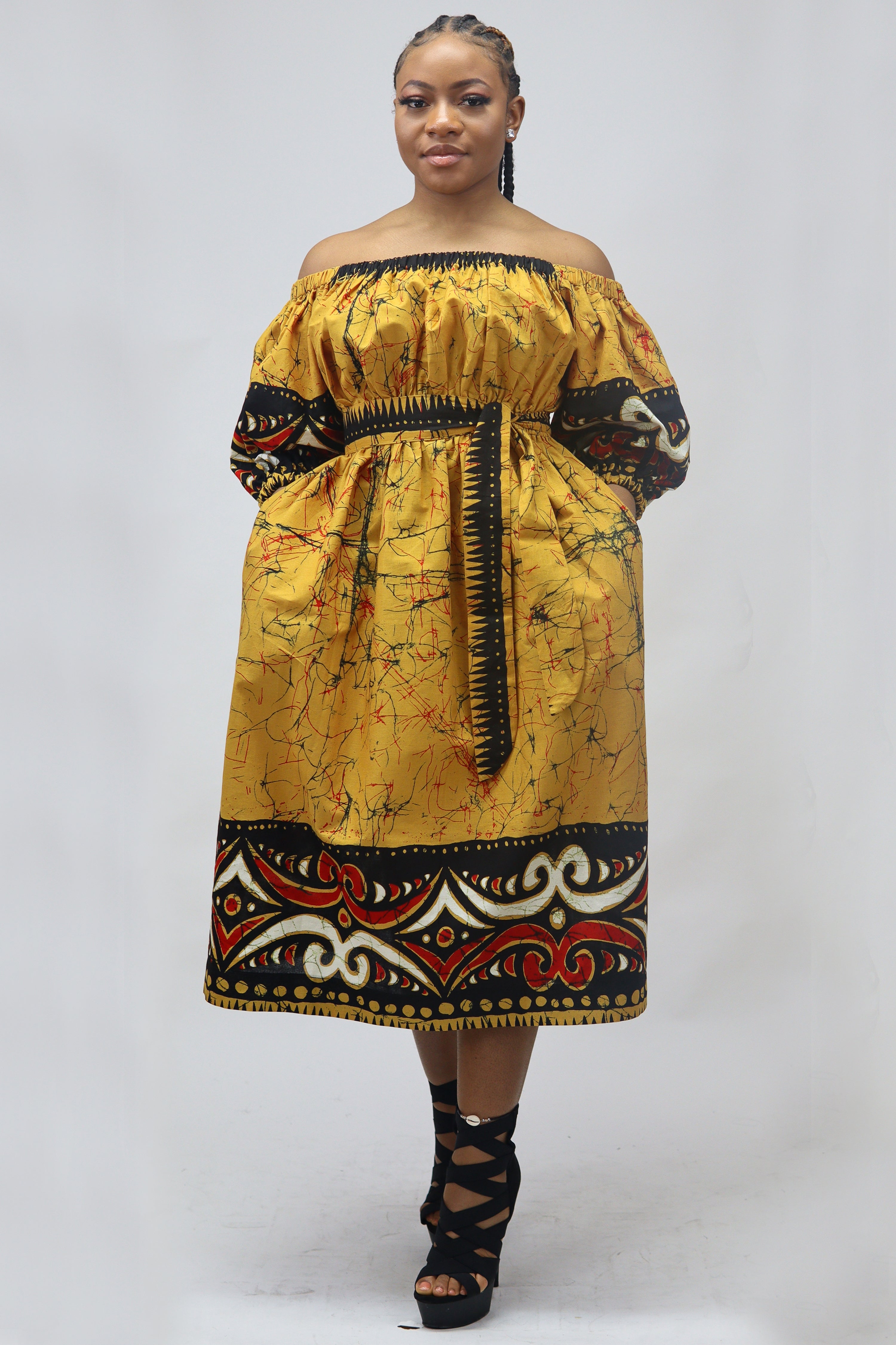 Ébène et couleurs styles-robe midi épaules dénudées