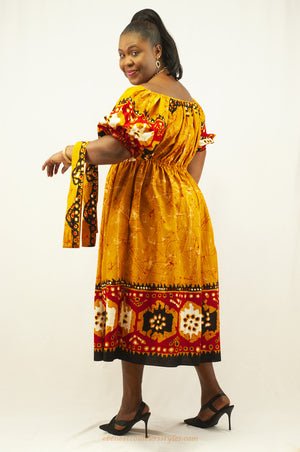 Robe épaules dénudé taille élastique couleurs orange et rouge