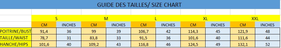 Ébène et couleurs styles- guide de taille