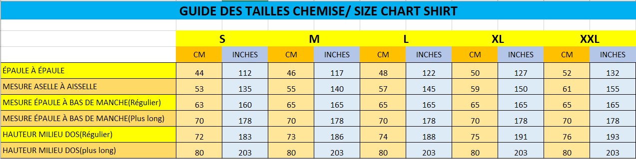 Ébène et couleurs styles- guide de taille